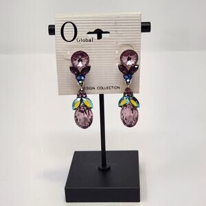 O Global Iridescent Pink Green Crystal Floral Chandelier Earrings Post Statement